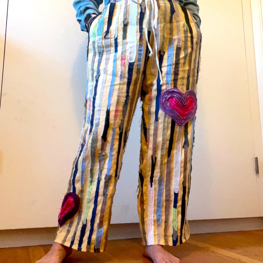 Upcycled Pure Linen Pants Crazy Stripes Fabric Shreds Heart Applique Raw Edges